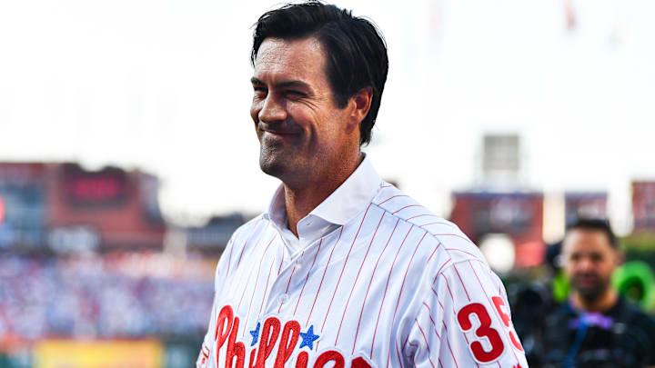 Jun 21, 2024; Philadelphia, Pennsylvania, USA; Former Philadelphia Phillies pitcher Cole Hamels looks on before the game against the Arizona Diamondbacks at Citizens Bank Park. Mandatory Credit: Kyle Ross-Imagn Images