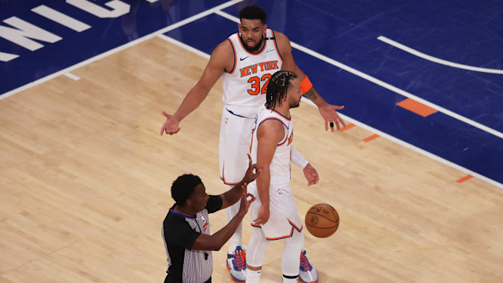 May 21, 2025; New York, New York, USA; New York Knicks center Karl-Anthony Towns (32) reacts to a foul call in the first quarter against the Indiana Pacers during game one of the eastern conference finals for the 2025 NBA Playoffs at Madison Square Garden. Mandatory Credit: Brad Penner-Imagn Images