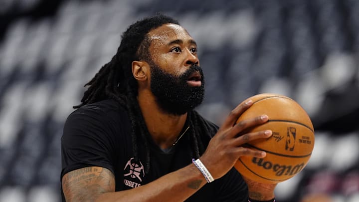 May 9, 2025; Denver, Colorado, USA; Denver Nuggets center DeAndre Jordan (6) before the game against the Oklahoma City Thunder during game three of the second round for the 2025 NBA Playoffs at Ball Arena. Mandatory Credit: Ron Chenoy-Imagn Images