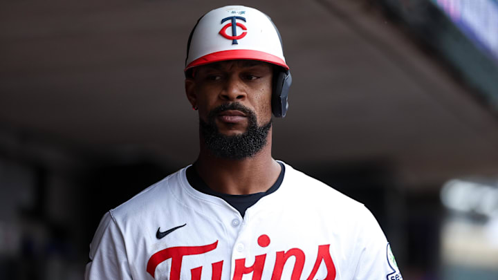 Sep 20, 2025; Minneapolis, Minnesota, USA; Minnesota Twins center fielder Byron Buxton (25) reacts to his strikeout against the Cleveland Guardians during the ninth inning of game one of a double header at Target Field. 