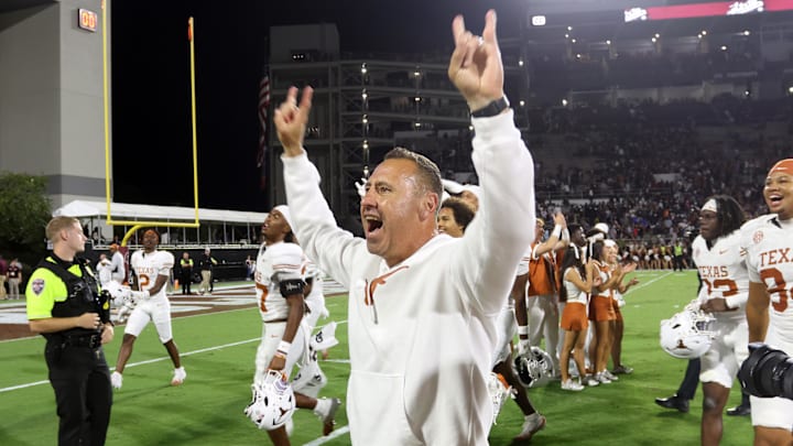 Oct 25, 2025; Starkville, Mississippi, USA; Texas Longhorns head coach Steve Sarkisian reacts after beating the Mississippi State Bulldogs in overtime at Davis Wade Stadium at Scott Field. Mandatory Credit: Petre Thomas-Imagn Images