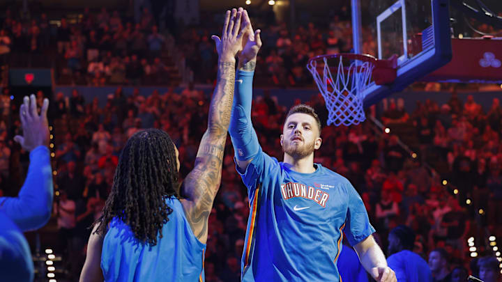Oct 30, 2025; Oklahoma City, Oklahoma, USA; Oklahoma City Thunder center Isaiah Hartenstein (55) during introductions before a game against the Washington Wizards at Paycom Center. Mandatory Credit: Alonzo Adams-Imagn Images