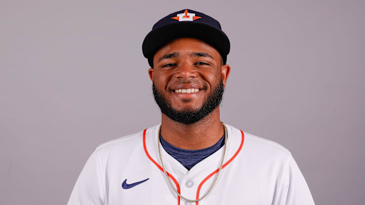 Feb 20, 2025; West Palm Beach, FL, USA;  Houston Astros right hand pitcher Jose Fleury poses for a photo at the Houston Astros media day.