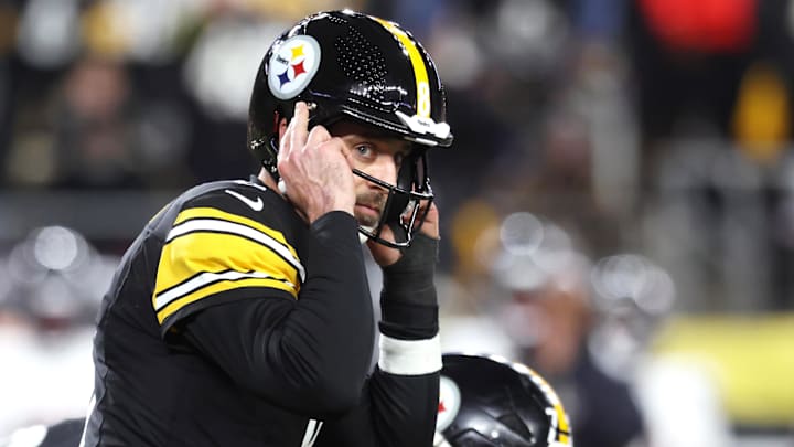 Jan 12, 2026; Pittsburgh, PA, USA; Pittsburgh Steelers quarterback Aaron Rodgers (8) audibles during the second half of an AFC Wild Card Round game against the Houston Texans at Acrisure Stadium. Mandatory Credit: Charles LeClaire-Imagn Images