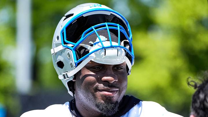 Detroit Lions defensive tackle Levi Onwuzurike (95) is being interviewed after practice during OTAs at Meijer Performance Center in Allen Park on Friday, May 29, 2026.