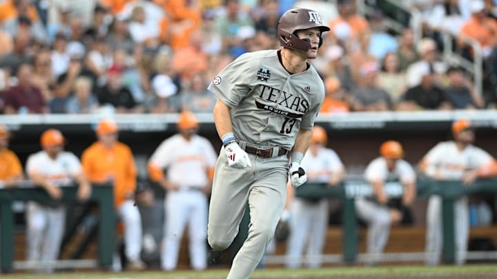 Texas A&M Aggies left fielder Caden Sorrell (13) drives in a run