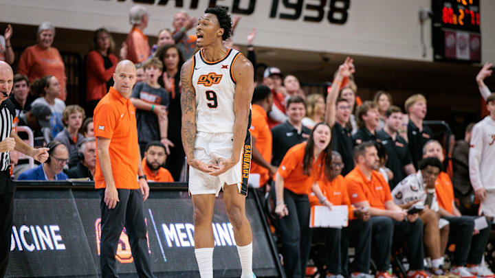 Jan 6, 2026; Stillwater, Oklahoma, USA; Oklahoma State Cowboys guard Anthony Roy (9) reacts after a play during the second half against the UCF Knights at Gallagher-Iba Arena. Mandatory Credit: William Purnell-Imagn Images Jan 6, 2026; Stillwater, Oklahoma, USA; Oklahoma State Cowboys guard Anthony Roy (9) reacts after a play during the second half against the UCF Knights at Gallagher-Iba Arena. Mandatory Credit: William Purnell-Imagn Images