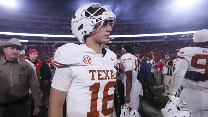 Texas Longhorns quarterback Arch Manning looks on after a game against the Georgia Bulldogs at Sanford Stadium.