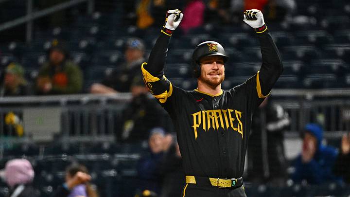 May 1, 2026; Pittsburgh, Pennsylvania, USA; Pittsburgh Pirates right fielder Ryan O'Hearn (29) reacts after hitting an RBI single against the Cincinnati Reds during the third inning at PNC Park. Mandatory Credit: Justin Berl-Imagn Images