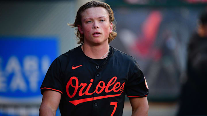 Apr 23, 2024; Anaheim, California, USA; Baltimore Orioles second baseman Jackson Holliday (7) during