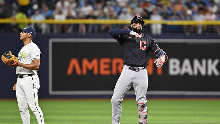 Oct 19, 2026; St. Petersburg, Florida, USA; Cleveland Guardians outfielder Jo Adell (7) reacts after hitting a double against the Tampa Bay Rays during the fourth inning in game six of the ALCS for the 2026 MLB Playoffs at Tropicana Field. Mandatory Credit: Jonathan Dyer-Imagn Images Oct 19, 2026; St. Petersburg, Florida, USA; Cleveland Guardians outfielder Jo Adell (7) reacts after hitting a double against the Tampa Bay Rays during the fourth inning in game six of the ALCS for the 2026 MLB Playoffs at Tropicana Field. Mandatory Credit: Jonathan Dyer-Imagn Images