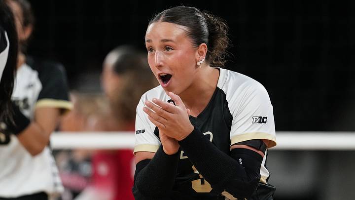 Purdue Boilermakers defensive specialist Ryan McAleer (3) claps her hands. Purdue Boilermakers defensive specialist Ryan McAleer (3) claps her hands.