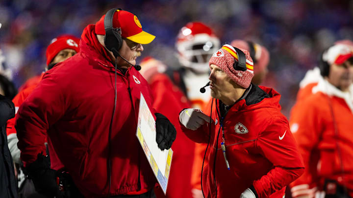 Jan 21, 2024; Orchard Park, New York, USA; Kansas City head coach Andy Reid (left) with defensive coordinator Steve Spagnuolo against the Buffalo Bills for the 2024 AFC divisional round game at Highmark Stadium. Mandatory Credit: Mark J. Rebilas-USA TODAY Sports