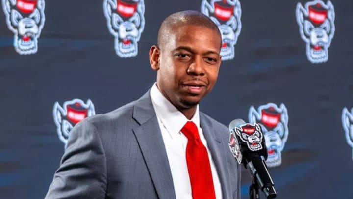 NC State men's basketball coach Justin Gainey speaks at his introductory press conference in the Lenovo Center on April 1, 2026. 