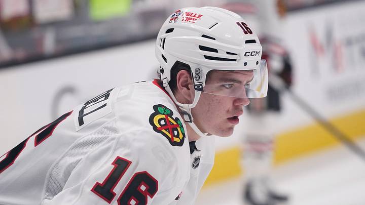 Apr 6, 2026; San Jose, California, USA;  Chicago Blackhawks center Anton Frondell (16) warms up before the game against the San Jose Sharks at SAP Center at San Jose. Mandatory Credit: David Gonzales-Imagn Images
