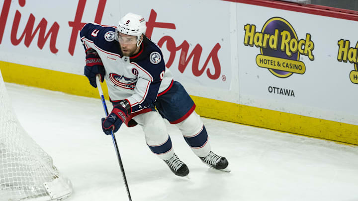 Apr 6, 2025; Ottawa, Ontario, CAN; Columbus Blue Jackets defenseman Ivan Provorov (9) skates with the puck in the third period against the Ottawa Senators at the Canadian Tire Centre. Mandatory Credit: Marc DesRosiers-Imagn Images