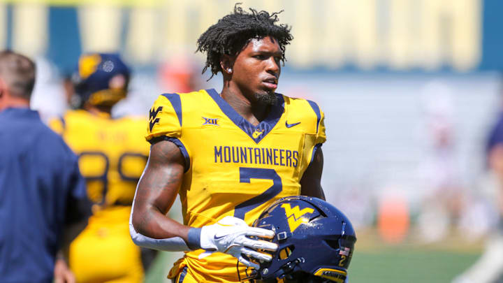 Aug 30, 2025; Morgantown, West Virginia, USA; West Virginia Mountaineers running back Tye Edwards (2) warms up prior to their game against the Robert Morris Colonials at Milan Puskar Stadium. Mandatory Credit: Ben Queen-Imagn Images