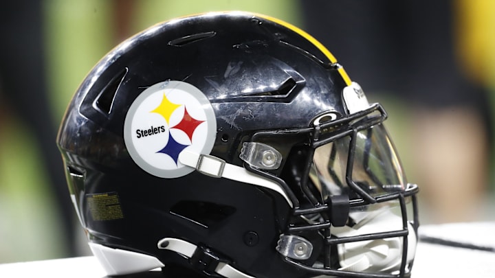 Aug 9, 2024; Pittsburgh, Pennsylvania, USA;  A Pittsburgh Steelers helmet sits on an equipment trunk during the game against the Houston Texans during the fourth quarter at Acrisure Stadium. Mandatory Credit: Charles LeClaire-Imagn Images