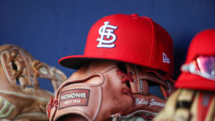 Sep 5, 2023; Atlanta, Georgia, USA; A detailed view of the hat and glove of St. Louis Cardinals second baseman Nolan Gorman (not pictured) before a game against the Atlanta Braves at Truist Park. Mandatory Credit: Brett Davis-Imagn Images