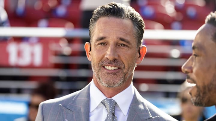 Feb 8, 2026; Santa Clara, CA, USA; NBC Sports analyst Kyle Shanahan prior to the New England Patriots game against the Seattle Seahawks in Super Bowl LX at Levi's Stadium. Mandatory Credit: Mark J. Rebilas-Imagn Images