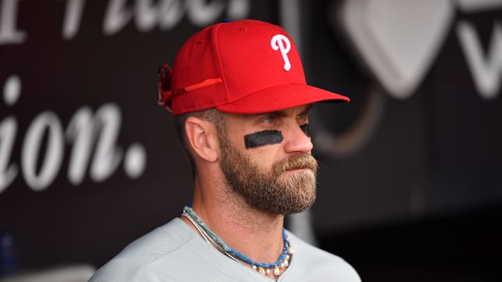 Jul 30, 2025; Chicago, Illinois, USA; Philadelphia Phillies first baseman Bryce Harper (3) looks on from the dugout prior to a game against the Chicago White Sox at Rate Field. Mandatory Credit: Patrick Gorski-Imagn Images