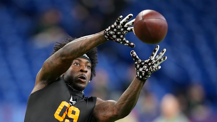Feb 28, 2026; Indianapolis, IN, USA; Georgia wideout Zachariah Branch (WO09) during the NFL Scouting Combine at Lucas Oil Stadium. Mandatory Credit: Kirby Lee-Imagn Images Feb 28, 2026; Indianapolis, IN, USA; Georgia wideout Zachariah Branch (WO09) during the NFL Scouting Combine at Lucas Oil Stadium. Mandatory Credit: Kirby Lee-Imagn Images