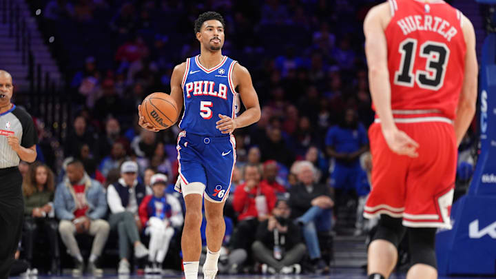 Apr 13, 2025; Philadelphia, Pennsylvania, USA; Philadelphia 76ers guard Quentin Grimes (5) controls the ball against the Chicago Bulls in the first quarter at Wells Fargo Center. Mandatory Credit: Kyle Ross-Imagn Images Apr 13, 2025; Philadelphia, Pennsylvania, USA; Philadelphia 76ers guard Quentin Grimes (5) controls the ball against the Chicago Bulls in the first quarter at Wells Fargo Center. Mandatory Credit: Kyle Ross-Imagn Images