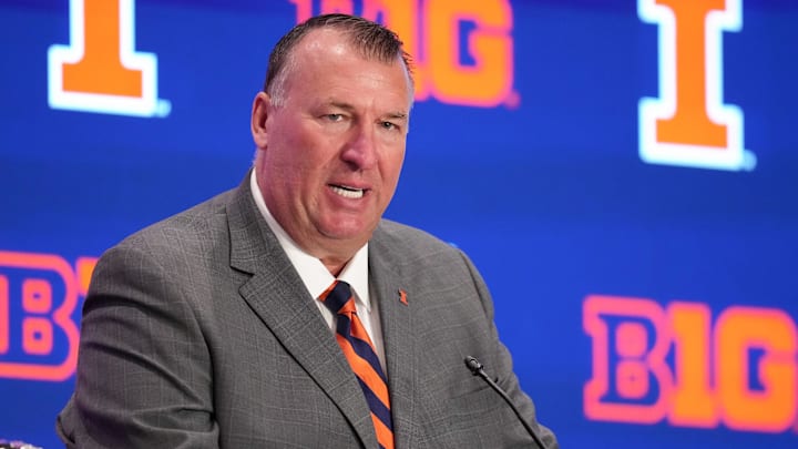 Jul 22, 2025; Las Vegas, NV, USA; Illinois head coach Bret Bielema speaks to the media during the Big Ten NCAA college football media days at Mandalay Bay Resort. Mandatory Credit: Lucas Peltier-Imagn Images