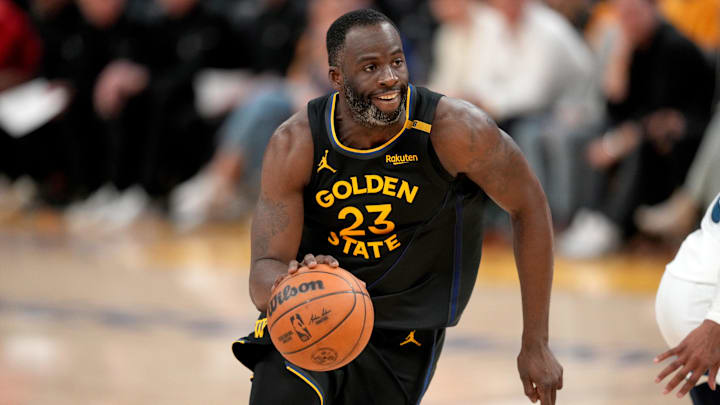 May 12, 2025; San Francisco, California, USA; Golden State Warriors forward Draymond Green (23) dribbles the ball against the Minnesota Timberwolves in the fourth quarter during game four of the second round for the 2025 NBA Playoffs at Chase Center. Mandatory Credit: Cary Edmondson-Imagn Images