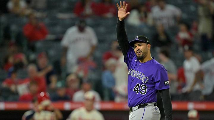Jun 1, 2026: Colorado Rockies pitcher Antonio Senzatela (49) celebrates after earning a win in the ninth inning against the Los Angeles Angels at Angel Stadium. Jun 1, 2026: Colorado Rockies pitcher Antonio Senzatela (49) celebrates after earning a win in the ninth inning against the Los Angeles Angels at Angel Stadium.