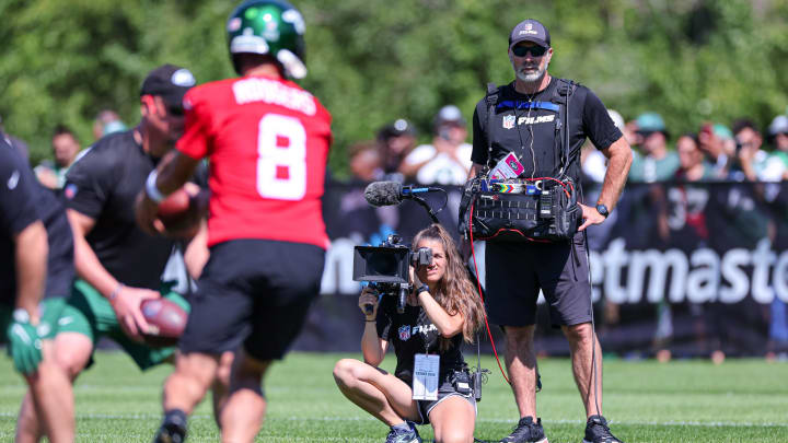 The Hard Knocks crew shoots Jets camp last year. Their work with the other New York team is now showing on HBO and both Caleb Williams and Rome Odunze are in it. The Hard Knocks crew shoots Jets camp last year. Their work with the other New York team is now showing on HBO and both Caleb Williams and Rome Odunze are in it.