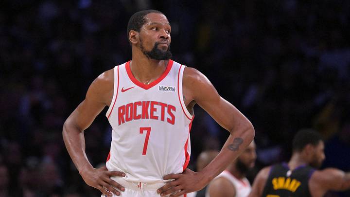 Apr 21, 2026; Los Angeles, California, USA; Houston Rockets forward Kevin Durant (7) looks on from the court in the second half of game two of the first round of the 2026 NBA Playoffs against the Los Angeles Lakers at Crypto.com Arena. Mandatory Credit: Jayne Kamin-Oncea-Imagn Images Apr 21, 2026; Los Angeles, California, USA; Houston Rockets forward Kevin Durant (7) looks on from the court in the second half of game two of the first round of the 2026 NBA Playoffs against the Los Angeles Lakers at Crypto.com Arena. Mandatory Credit: Jayne Kamin-Oncea-Imagn Images