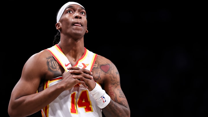 Terance Mann #14 of the Atlanta Hawks looks on against the Brooklyn Nets.