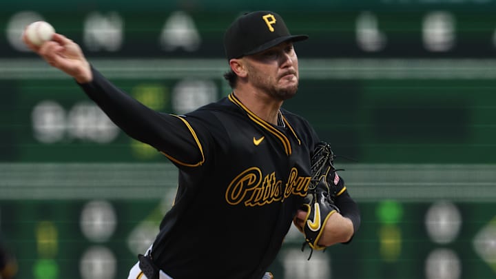 Apr 7, 2026; Pittsburgh, Pennsylvania, USA;  Pittsburgh Pirates pitcher Paul Skenes (30) delivers a pitch against the San Diego Padres during the first inning at PNC Park. Mandatory Credit: Charles LeClaire-Imagn Images