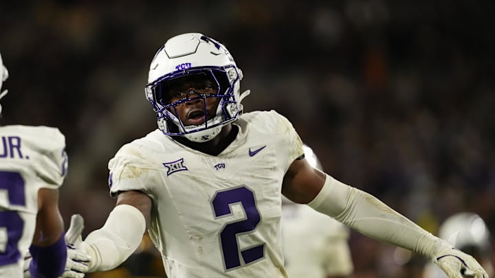 Sep 26, 2025; Tempe, Arizona, USA; TCU Horned Frogs safety Jamel Johnson (2) high fives cornerback Vernon Glover (26) after pass breakup in the second half at Mountain America Stadium, Home of the ASU Sun Devils. Mandatory Credit: Jacob Reiner-Imagn Images