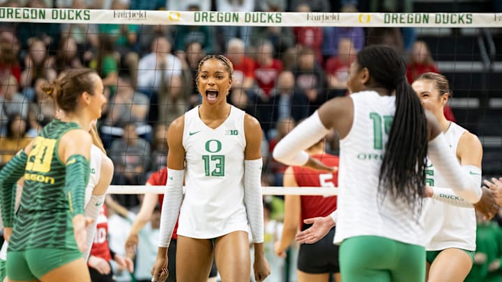 Oregon middle blocker Onye Ofoegbu celebrates a shot as the Oregon Ducks host the Nebraska Cornhuskers at Matthew Knight Arena on Thursday, Nov. 7, 2024, in Eugene, Ore.