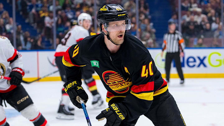 Dec 21, 2024; Vancouver, British Columbia, CAN; Vancouver Canucks forward Elias Pettersson (40) skates against the Ottawa Senators during the second period at Rogers Arena. Mandatory Credit: Bob Frid-Imagn Images