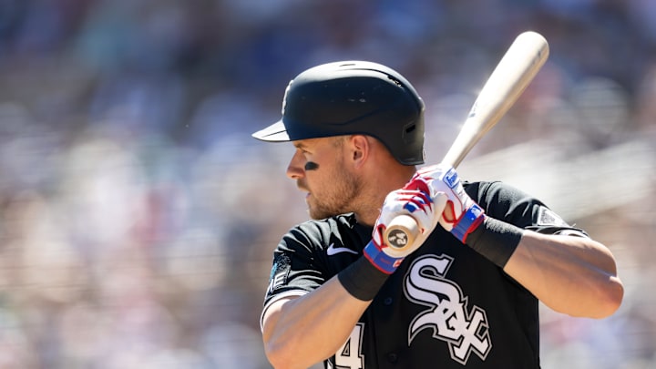 Mar 13, 2026; Phoenix, Arizona, USA; Chicago White Sox outfielder Jarred Kelenic against the Chicago Cubs during a spring training game at Camelback Ranch-Glendale. Mandatory Credit: Mark J. Rebilas-Imagn Images