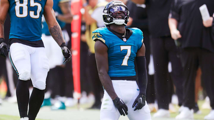Jacksonville Jaguars wide receiver Brian Thomas Jr. (7) reacts to a dropped pass during the first quarter of an NFL football matchup at EverBank Stadium, Sunday, Sept. 21, 2025, in Jacksonville, Fla. The Jaguars defeated the Texans 17-10.