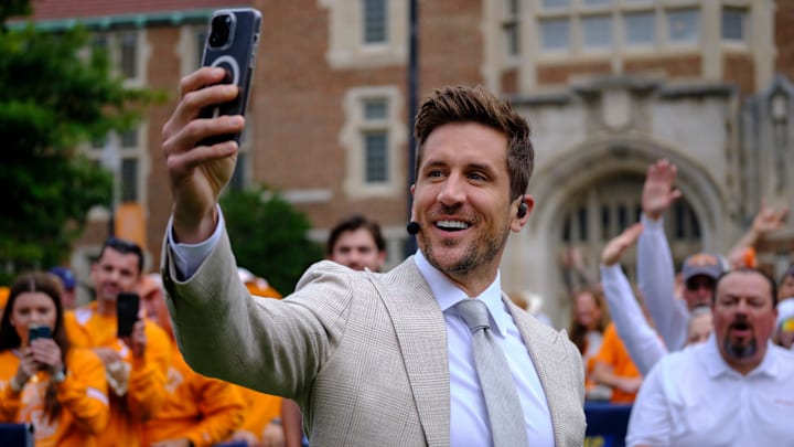 SEC Nation   s Jordan Rodgers captures a crowd selfie during the filming of SEC Nation to kick off the Tennessee vs Texas A&M college football game, Saturday, October 14, 2023, in Knoxville Tennessee. (Shawn Millsaps/Special to News Sentinel)