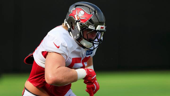 Tampa Bay Buccaneers defensive lineman Jack Pyburn (58) runs a drill during a joint Buccaneers‑Jaguars NFL practice at the Miller Electric Center on Tuesday, Aug. 25, 2026, in Jacksonville, Fla.