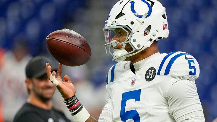 Indianapolis Colts quarterback Anthony Richardson Sr. (5) spins the ball on his finger Sunday, Sept. 14, 2025, ahead of the game against the Denver Broncos at Lucas Oil Stadium in Indianapolis.