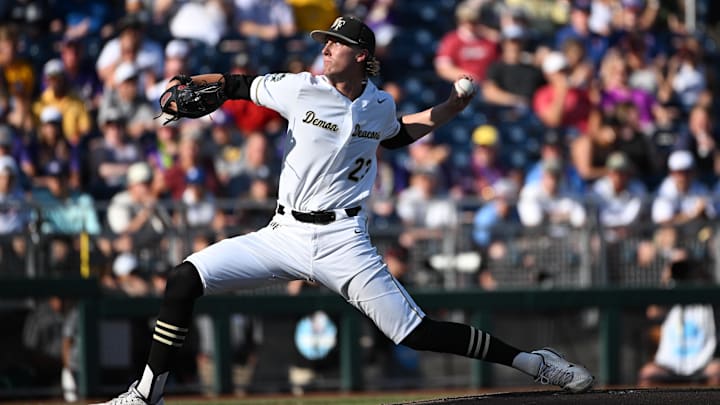 Jun 19, 2023; Omaha, NE, USA;  Wake Forest Demon Deacons pitcher Josh Hartle (23) throws against the
