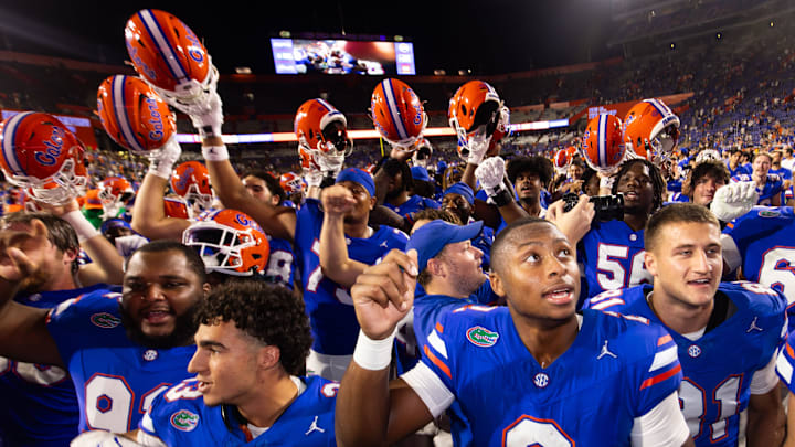 Florida Gators quarterback DJ Lagway (2) sings with his team at the end of the game at Ben Hill Griffin Stadium in Gainesville, FL on Saturday, October 5, 2024. The Gators defeated the Knights 24-13. [Doug Engle/Gainesville Sun]