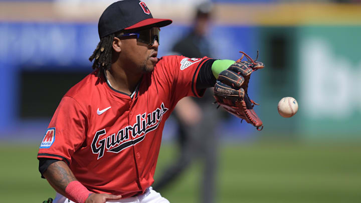 Sep 19, 2024; Cleveland, Ohio, USA; Cleveland Guardians third baseman Jose Ramirez (11) fields a ball hit by Minnesota Twins first baseman Carlos Santana (not pictured) during the fourth inning at Progressive Field. Mandatory Credit: Ken Blaze-Imagn Images