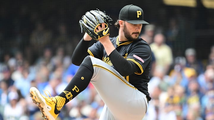 Jun 25, 2025; Milwaukee, Wisconsin, USA;  Pittsburgh Pirates starting pitcher Paul Skenes (30) throws a pitch in the first inning against the Milwaukee Brewers at American Family Field. Mandatory Credit: Benny Sieu-Imagn Images