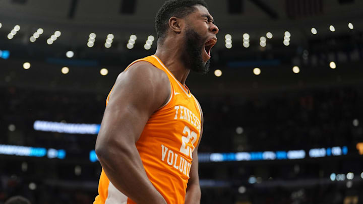 Tennessee forward Jaylen Carey (23) erupts in celebration after scoring against Iowa State in the NCAA Tournament Sweet 16 at the United Center in Chicago on March 27, 2026.