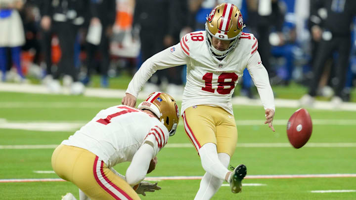 San Francisco 49ers kicker Eddy Pineiro (18) kicks a field goal Monday, Dec. 22, 2025, during a game against the Indianapolis Colts at Lucas Oil Stadium in Indianapolis.