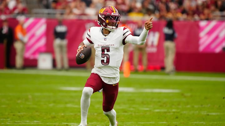 Despite missing almost all of last week's game with a rib injury, Washington Commanders rookie Jayden Daniels still ranks third among quarterbacks this season in fantasy points per game. He faces fellow rookie QB Caleb Williams and the Chicago Bears this week.