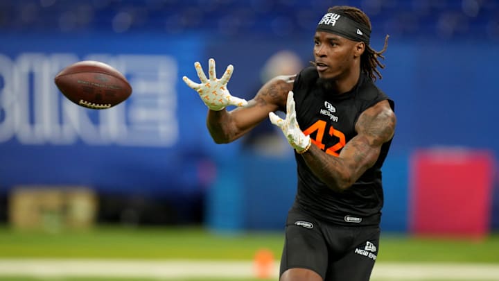 Mar 1, 2025; Indianapolis, IN, USA; Tennessee wideout Dont'e Thornton (WO42) during the 2025 NFL Combine at Lucas Oil Stadium. Mandatory Credit: Kirby Lee-Imagn Images